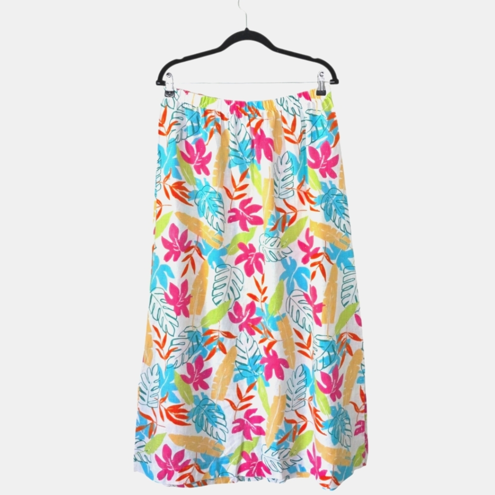 Hot Cotton 100% Linen Multi  olored tTropical Leaf print Maxi Skirt‎ Size Large